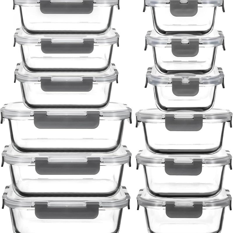 AISOON 24 PCS 12 Pack Glass Food Storage Containers Set,Meal Prep Containers,Airtight Glass Storage Containers with Lids,Bpa Free,Freezer&Oven Safe