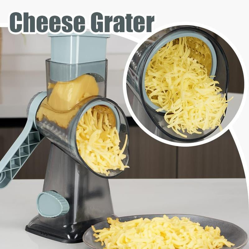 Rotary Cheese Grater with Handle – 3-Blade Vegetable & Cheese Shredder for Kitchen (Grey Blue) Utensils