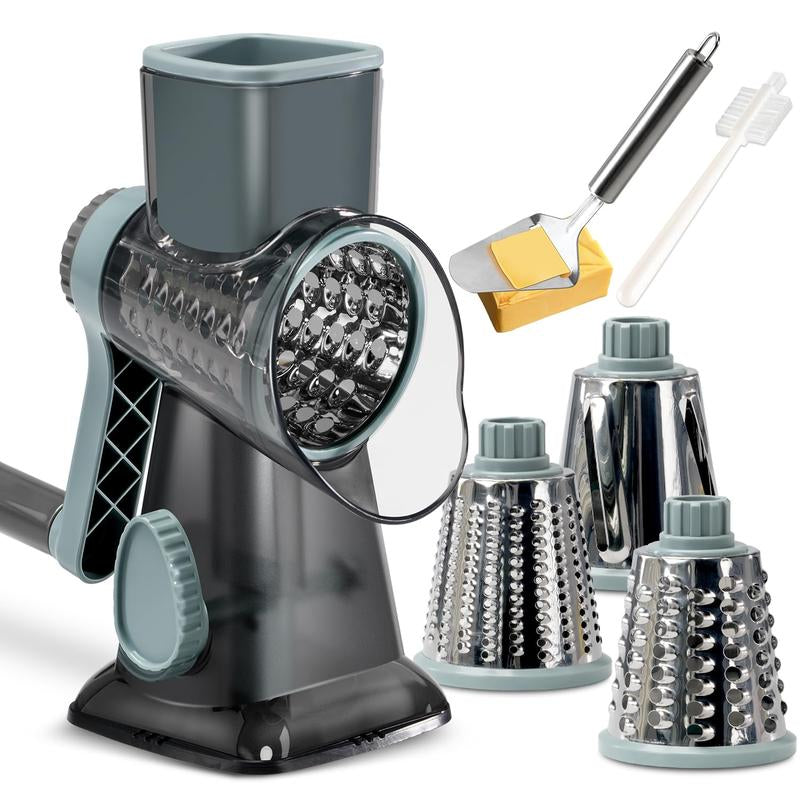 Rotary Cheese Grater with Handle – 3-Blade Vegetable & Cheese Shredder for Kitchen (Grey Blue) Utensils